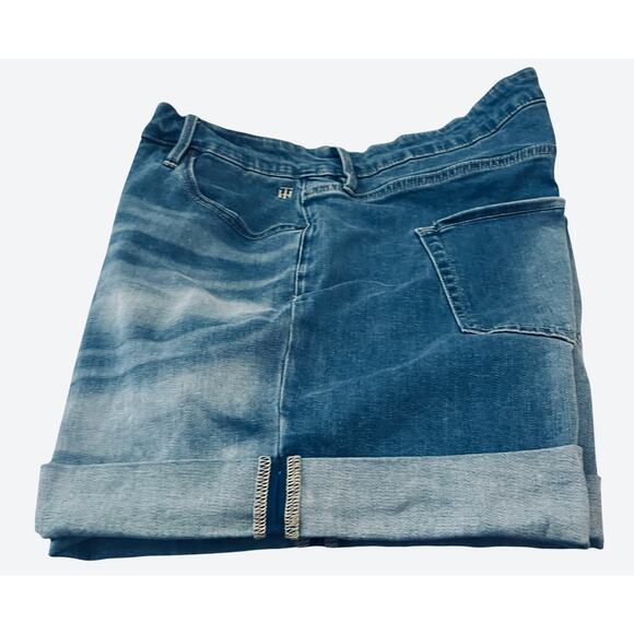 TOMMY HILFIGER HI-RISE DISTRESSED DENIM SHORTS, WOMENS, 14, DENIM BLUE, FOLD HEM - Picture 6 of 10